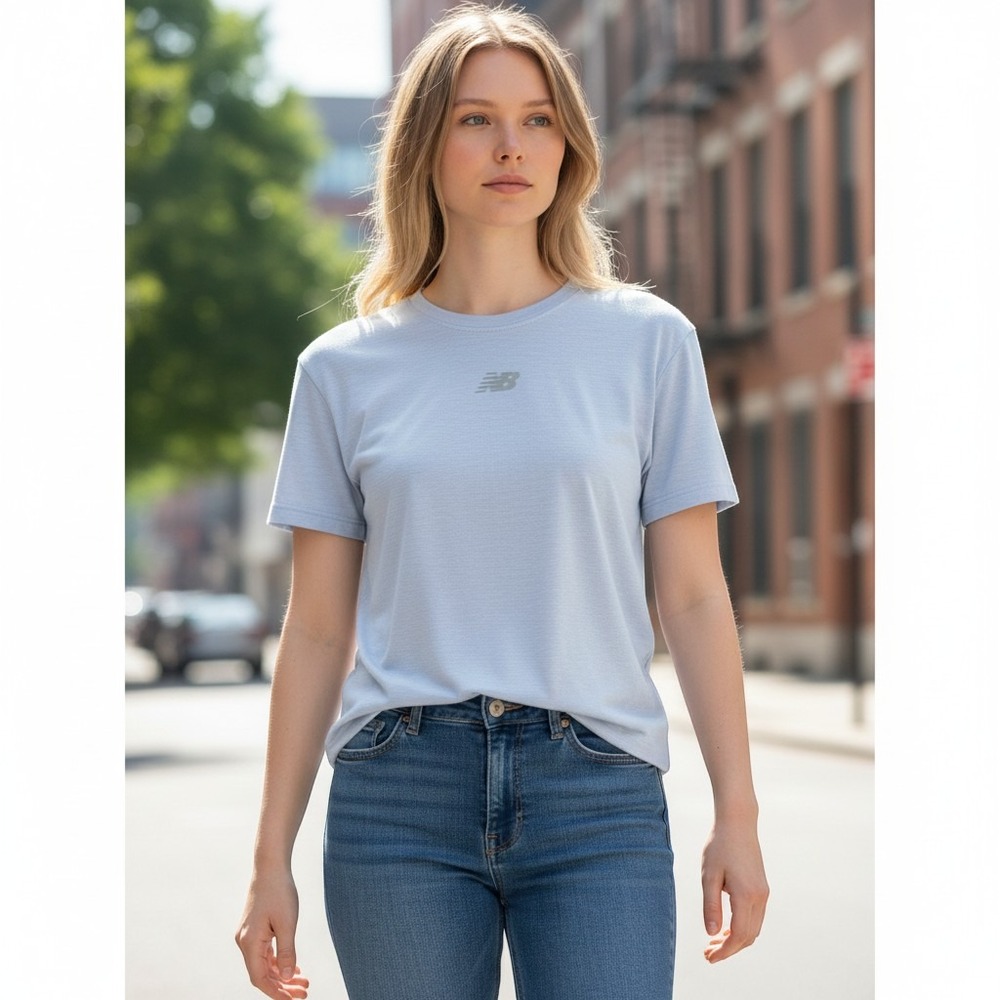 New Balance Womens Performance Mesh Short Sleeve Light Blue Small‎ NB Logo